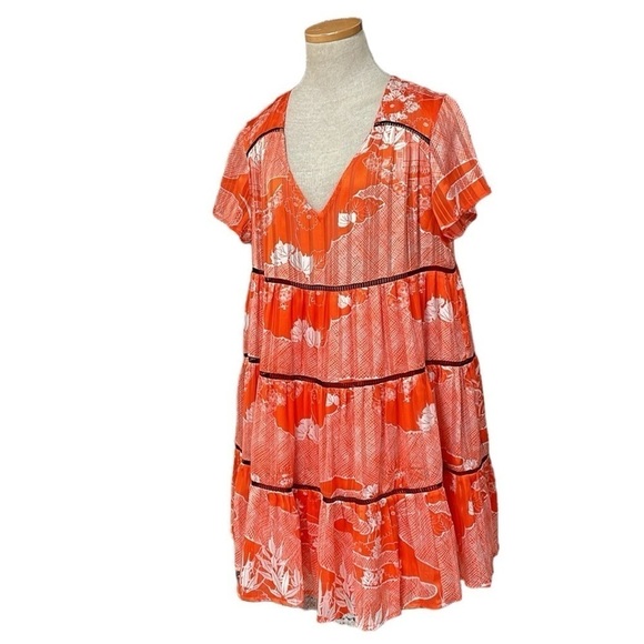 Urban Outfitters Dress Women's Medium Orange Floral Short Sleeve V-Neck A-Line - Picture 3 of 16